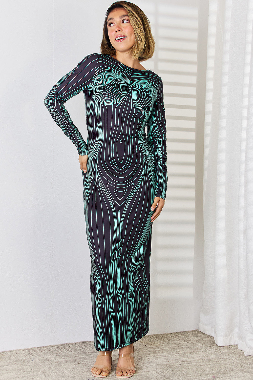 Cutout Round Neck Long Sleeve Maxi Dress